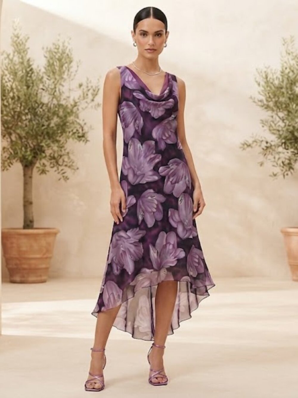 Purple Floral Cowl Neck High-Low Dress